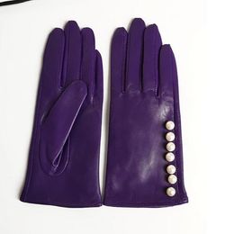 Five Fingers Gloves Womens autumn winter pearl beaded leather glove female elegant natural sheepskin genuine leather driving glove R2663 230712