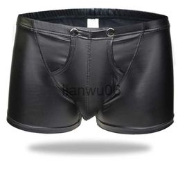 Underpants Sexy Men Faux Leather Cock Ring Boxer U Convex Pouch Shiny Boxers Underwear Sheathy Cool Male Gay Wear Penis Pouch Plus Size F10 J230713