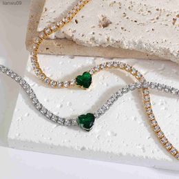 Greatera Exquisite Green Cubic Zirconia Heart Pendant Collar Necklace for Women Zircon Stainless Steel Chain Necklace Jewelry L230704