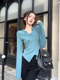 Women's Sweaters Vintage Irregular Crop Tops Women V Neck Patchwork Flowers Criss Cross Knitted Sweater Stretch Chic Lady Pullover Casual