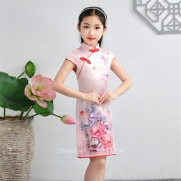 Summer Chinese Flower Print Silk Qipao Kids Baby Girls Traditional Princess Dress Cheongsam Short Sleeve Retro Vintage Vestido207l