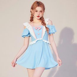 Women's Swimwear 2023 One Piece Skirt Swimsuit Women Short Sleeve Patchwork Cute Japanese Slim And Sweet Student Vacation