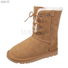 Real Leather Winter Snow Boots Women's Plush Keep Warm Mid-calf Boots Comfortable Cotton Shoes Ladies Lace Up Furry Booties L230704