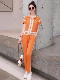 Women's Two Piece Pants Elegant Set Women 2023 Summer Fashion Bouse Short Sleeve Wide Leg Suit Female Outfits High Quality