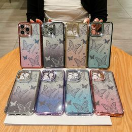 Bling Diamond Butterfly Chromed Cases For Iphone 14 Pro Max Plus 13 12 11 Luxury Gradient Glitter Plating Metallic Clear Soft TPU Fine Hole Mobile Phone Back Cover