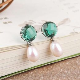 Dangle Earrings Pure S925 Silver Women Green Crystal Pearl Vintage