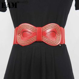 Belts Black Rivet Pu Leather Bow Knot Wide Elastic Band Personalized Women's New Fashion Trend Full Match SpringSummer Z230717