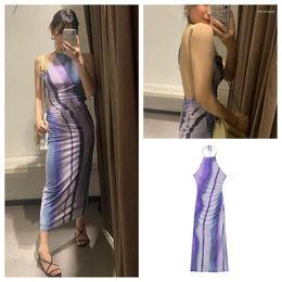 Casual Dresses 2023 Summer Sexy Slim Fold Decorative Tulle Printed Halter Neck Sling Dress Women's