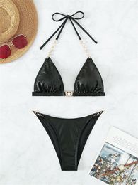 Set Rhinestone Bikini Women Black Bronzing Metal Chain Strap Push Up Micro Swimsuit 2023 Sexy Bathing Suit Thong Swimwear