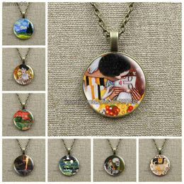 Van Gogh Art Oil Paintings Necklace Art Glass Cabochon Jewelry Starry Night Sky Sunflower Pendant Women Lover Girl Gifts L230704
