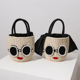 Evening Bags Glasses Red Lips Straw Woven Handbag Japanese Fashion Rattan Hand Bag Cute Cartoon Fan Bucket Female