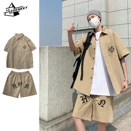 Men's Tracksuits Summer Set Loose Short Sleeve Shirt Shorts Solid Colour Fashion Harajuku Quick Dry Two Piece Casual Embroidery Suit Unisex 230712