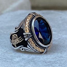 Vintage Gothic Two Colors Blue Crystal Finger Men's Ring Engraving Anchor Geometric Pattern for Male Party Jewelry