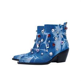 2023 new style lady women leather Ankle Boots chunky heels Fashion pointed pillage toe booties Casual party Dress shoes heels colourful diamond Jeans Denim size 35-43