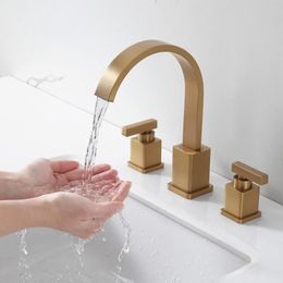 Bathroom Sink Faucets Brass Faucet Brushed Gold Upgrade Anti-Fingerprint 2 Lever Handle 3 Hole 8 Inch Widespread