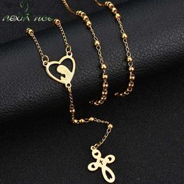 Nextvance Stainless Steel Blessed Virgin Mary Cross Heart Necklaces Amulet Pendant Bead Chain Women Jewellery Bijoux wholesale L230704