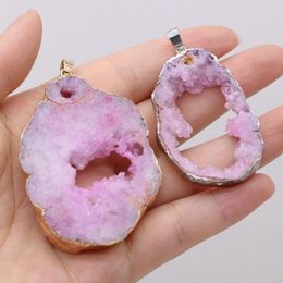 Pendant Necklaces Natural Pink Druzy Agates Charms Irregular Plating For Jewellery Making DIY Necklace 40x30x6mm-50x30x6mm