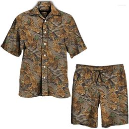 Men's Tracksuits Leaves Camouflage 3D Print Hawaiian Sets Casual Lapel Buttoned Shirt/Beach Shorts/Set Male Outfits Outdoor Sportswear Suit