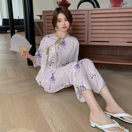 Women's Sleepwear Summer Sexy Women Pajama Sets Ice Silk Pijama Floral Printed Half Sleeve Pullover Pants Jacquard Satin Pyjamas