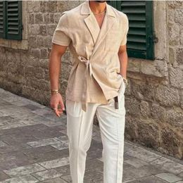 Men's Casual Shirts Tie Waist Shirt Stylish Summer Lapel Strap French Loose Top Solid Colour Short-sleeved Gentleman