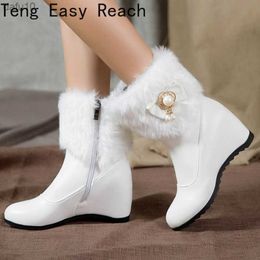 Women Boots Autumn Winter Warm Fur Height Increasing Ankle Pu Snow Boots Round Toe Pearl Patchwork 2021 New Sexy Fashion White L230704