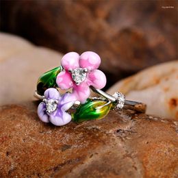 Wedding Rings Fashion Fresh Color Pink Purple Flowers Ring For Women Aesthetic Ceremony Party Accessories Finger Jewelry