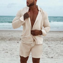 Men's Tracksuits Men Hawaiian Sets Beach Summer Long Sleeve Stand Collar Shirt Board Shorts 2 Pieces Streetwear Cotton Linen 230712