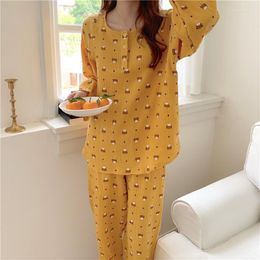 Women's Sleepwear Cartoon Bear Home Suit Cotton Soft Loose Kawaii Pyjamas Set Korean Vintage Two Piece O-Neck Buttons Tops Pants