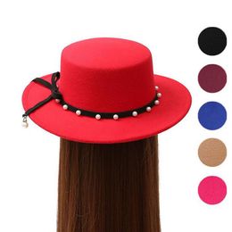 Good A Autumn and winter trend flat along the flat top hat Ms personality pearl imitation wool felt hat ceremony cap EMB040207W