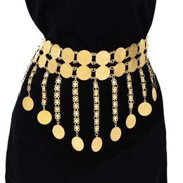 Navel Bell Button Rings Golden Double Layer Coins Long Chain Pendant Body Jewellery Belly Chains Arab Turkey Kurdish Indian Folk Costume Belts for Women 230713