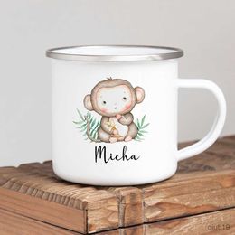 Mugs Personalised Animal Customise name Coffee Cup for Women Gift Custom Camping Enamel Mug Cute Deer Tiger with Name Gifts for Kid R230713