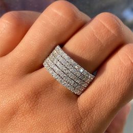 Huitan 5 Lines Crystal Cubic Zirconia Rings Women for Wedding Simple Stylish Design Luxury Trendy Female Rings Sparkling Jewelry