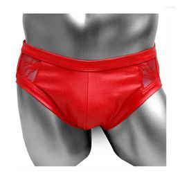 Underpants Mens Faux Leather Briefs Underwear With Lace Patchwork Sissy Panties See Through BuBulge Pouch Lingerie