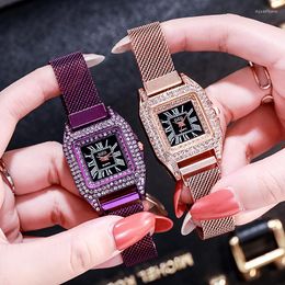 Wristwatches Women's Watch Small Square Diamonds Rome Ladies Wrist Watches Suction Stone Buckle Full Stainless Steel Hour Drop A3556