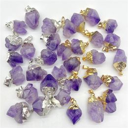 Gold Silver Covered Raw Amethyst Pendant Natural Gem Stone Quartz Crystal Mineral Irregular Charms For DIY Jewelry Making Necklace