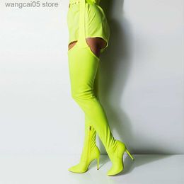 Boots New Sexy Neon Green Crotch High Boots Pointied Toe Belted Buckle Thigh High Boots Stiletto Boots Women Over The Knee Boots T230713