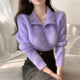 Women's Sweaters Mink Cashmere Women Turn Down Neck Short Knitted Jumpers Slim Sweet Autumn Winter Pullovers Purple Green White O145