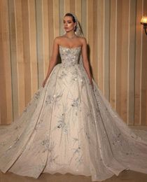 Luxury Ball Gown Wedding Dresses Sleeveless Bateau Strapless Sequins Applique Ruffles Beads Diamonds Pearls Plus Size Bridal Gowns Custom Made Vestido de novia