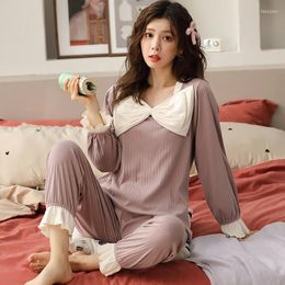 Women's Sleepwear Autumn Knitted Cotton Women Pyjamas Set Long Sleeve Sweet Cute Loose Soft Female Homewear Nightwear Clothing