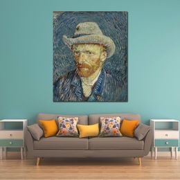 Canvas Artwork Self Portrait with Felt Hat Vincent Van Gogh Painting Handmade Impressionist Modern Art for Dining Room