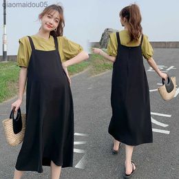 Pregnant Women's Suspender Dress Plus Size New 2023 Summer Foreign Style Knee-Length Skirt Two Sets Maternity Dresses Photoshoot L230712