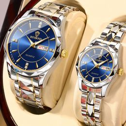 Wristwatches Couple Watch Rhombus Design Quartz Wristwatch for Men Women Automatic Date Week Stainless Steel Lover's Watch Gifts 230712