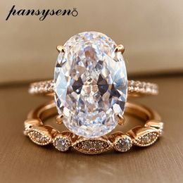 Wedding Rings PANSYSEN 9CT Radiant Cut 9 13MM Lab Diamond Ring Sets for Women 925 Sterling Silver 18K Rose Gold Plated Bands 230712