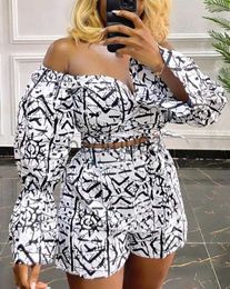 Women's Two Piece Pants Summer Casual Crop Top Shorts Set for Lady Abstract Print Off Shoulder Bell Sleeve Tied Detail Sexy Fashion Two Piece Outfits J230713