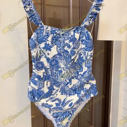 Tasarımcı Tek Parça Bikini Mavi Çiçek Baskı Mayo Yüzme Havuzu Plaj Giyim