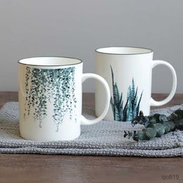 Mugs Plant Printed Coffee Mug Eucalyptus Cactus Watercolor Ceramic of Bone China Tea Milk Muesli Cups Modern Art Dinnerware Gift R230713