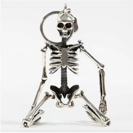 Foldable skeleton pendant key chain for men women antique silver color metal alloy skull bag charm key ring car keychain keyring263E