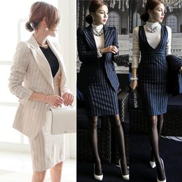 Work Dresses Occupation OL Autumn And Winter Long-sleeved Dress Two-piece Stripe One Button Suit (coat Vest Skirt)
