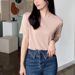 Women's T Shirts Women T-shirt 2023 Summer Beads Chain Solid Colour Round Neck Knitted