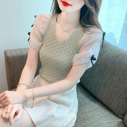 Women's T Shirts Mesh Puff Sleeve Sweater 2023 Summer Bow Knitted T-Shirt Pullover Solid Sweet V-Neck Short Top Office Clothing P815